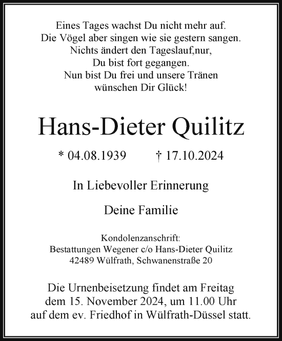 Traueranzeige von Hans-Dieter Quilitz von trauer.wuppertaler-rundschau.de