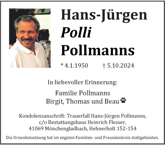 Traueranzeige von Hans-Jürgen Pollmanns von trauer.extra-tipp-moenchengladbach.de