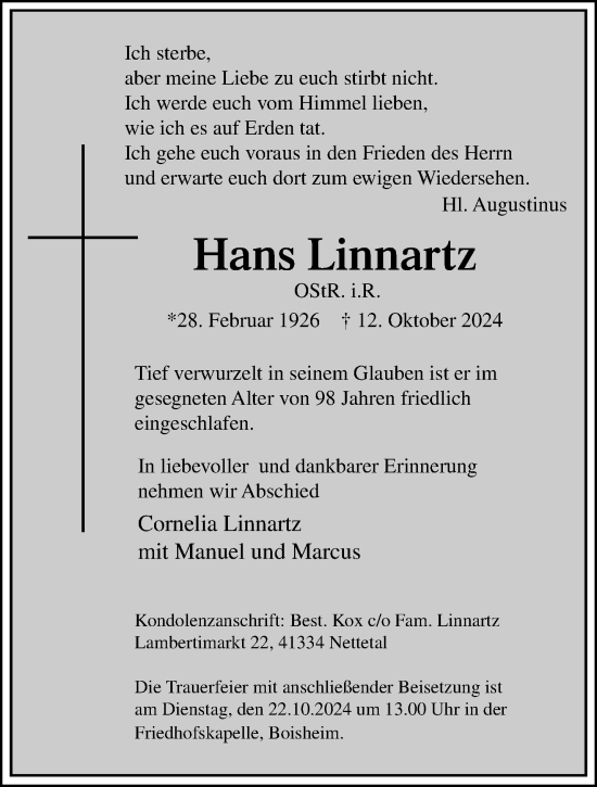 Traueranzeige von Hans Linnartz von trauer.extra-tipp-moenchengladbach.de