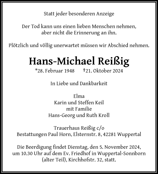 Traueranzeige von Hans-Michael Reißig von trauer.wuppertaler-rundschau.de