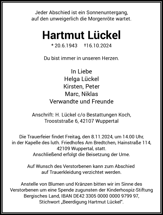 Traueranzeige von Hartmut Lückel von trauer.wuppertaler-rundschau.de