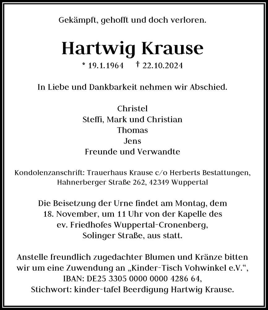  Traueranzeige für Hartwig Krause vom 02.11.2024 aus trauer.wuppertaler-rundschau.de