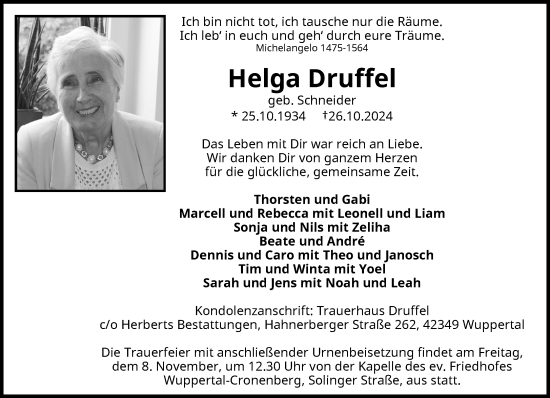 Traueranzeige von Helga Druffel von trauer.wuppertaler-rundschau.de