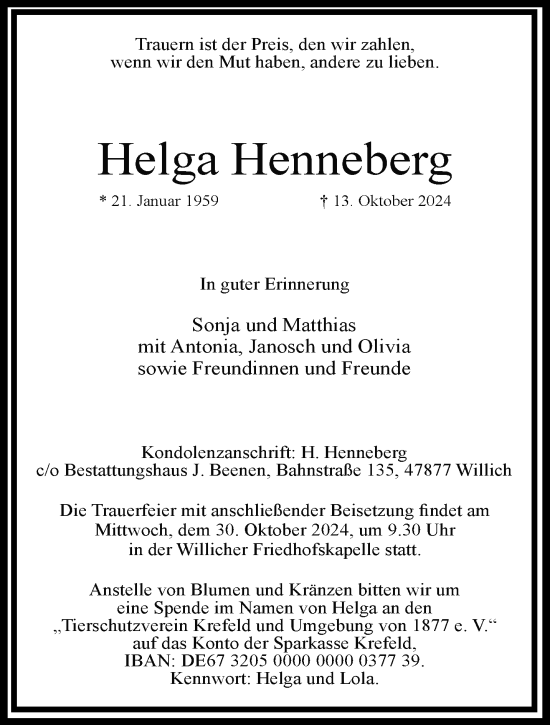 Traueranzeige von Helga Henneberg von trauer.extra-tipp-moenchengladbach.de