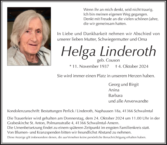 Traueranzeige von Helga Linderoth von trauer.extra-tipp-moenchengladbach.de