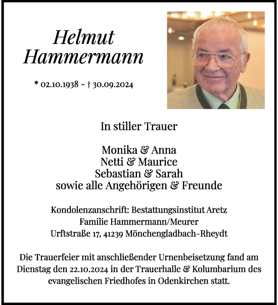 Traueranzeige von Helmut  Hammermann von trauer.extra-tipp-moenchengladbach.de