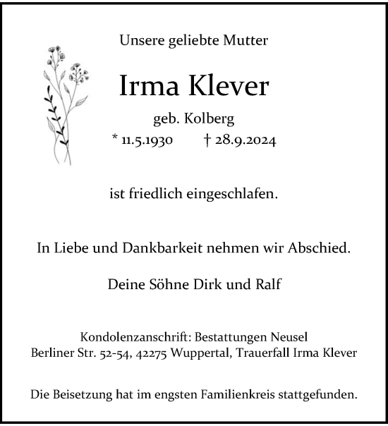 Traueranzeige von Irma Klever von trauer.wuppertaler-rundschau.de