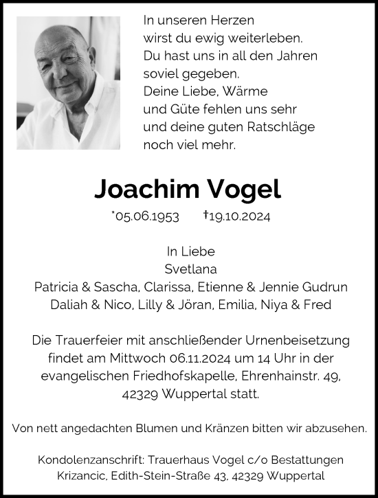 Traueranzeige von Joachim Vogel von trauer.wuppertaler-rundschau.de