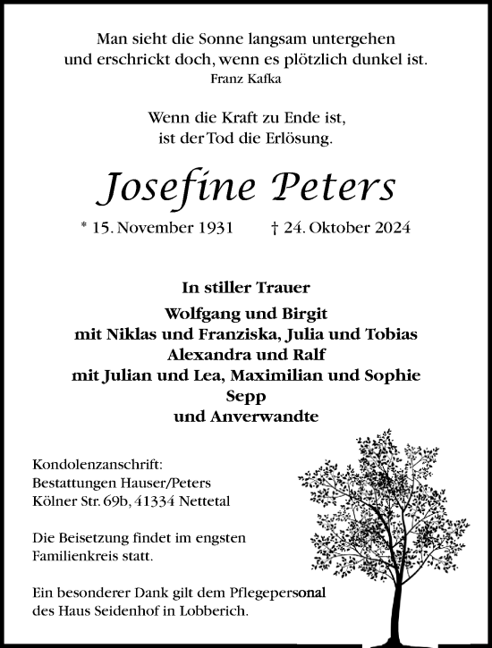 Traueranzeige von Josefine Peters von trauer.extra-tipp-moenchengladbach.de