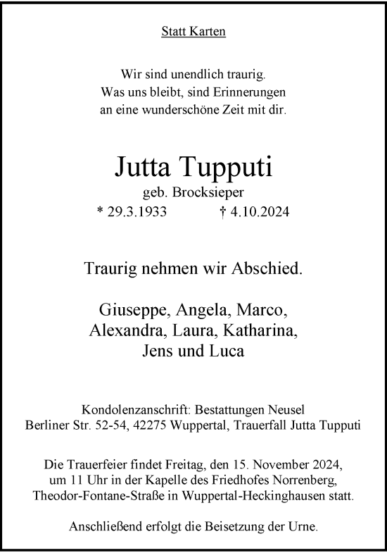 Traueranzeige von Jutta Tupputi von trauer.wuppertaler-rundschau.de