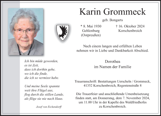 Traueranzeige von Karin Grommeck von trauer.extra-tipp-moenchengladbach.de