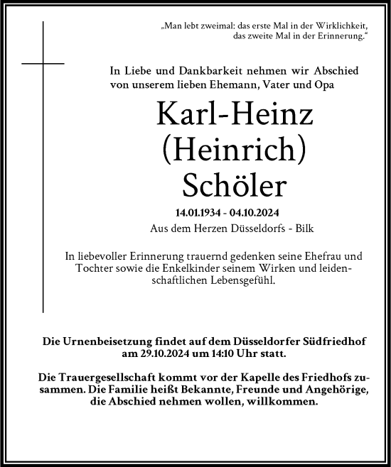 Traueranzeige von Karl-Heinz Schöler von trauer.duesseldorfer-anzeiger.de