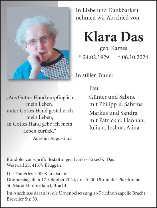 Traueranzeige von Klara Das von trauer.extra-tipp-moenchengladbach.de