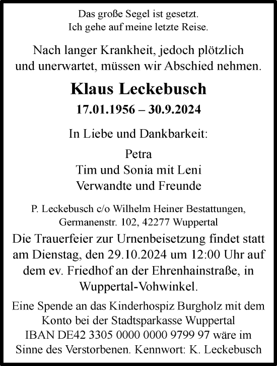 Traueranzeige von Klaus Leckebusch von trauer.wuppertaler-rundschau.de