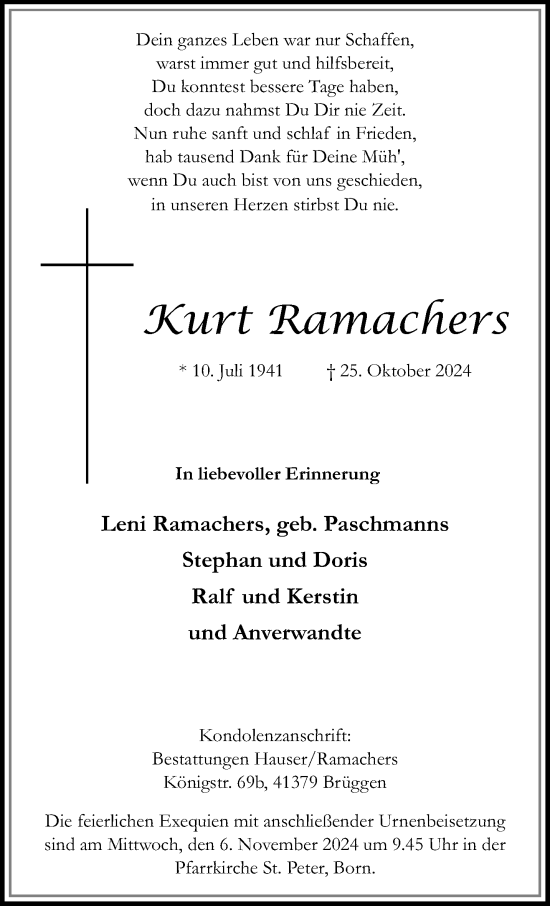 Traueranzeige von Kurt Ramachers von trauer.extra-tipp-moenchengladbach.de