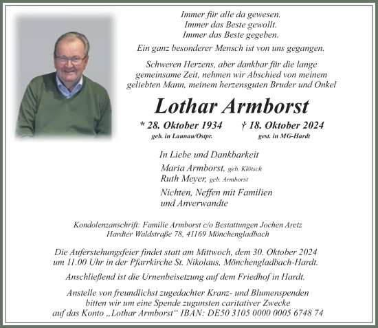 Traueranzeige von Lothar Armborst von trauer.extra-tipp-moenchengladbach.de