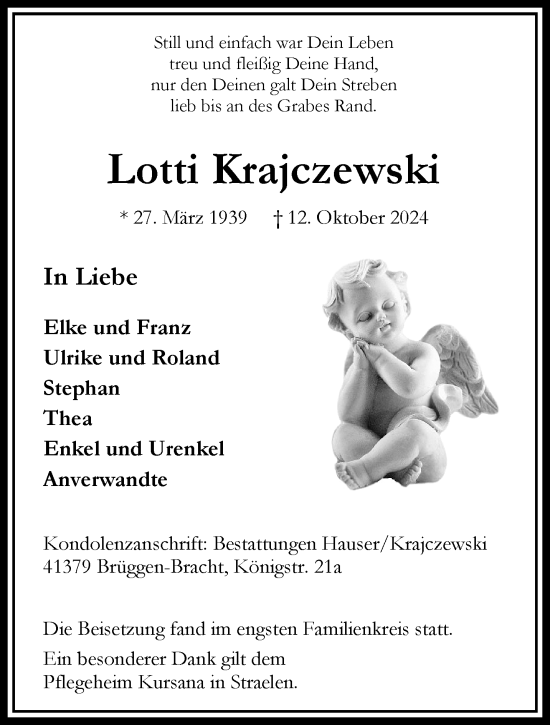 Traueranzeige von Lotti Krajczewski von trauer.extra-tipp-moenchengladbach.de