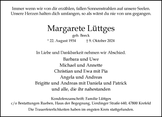 Traueranzeige von Margarete Lüttges von trauer.extra-tipp-moenchengladbach.de