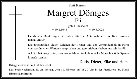 Traueranzeige von Margret Dömges von trauer.extra-tipp-moenchengladbach.de