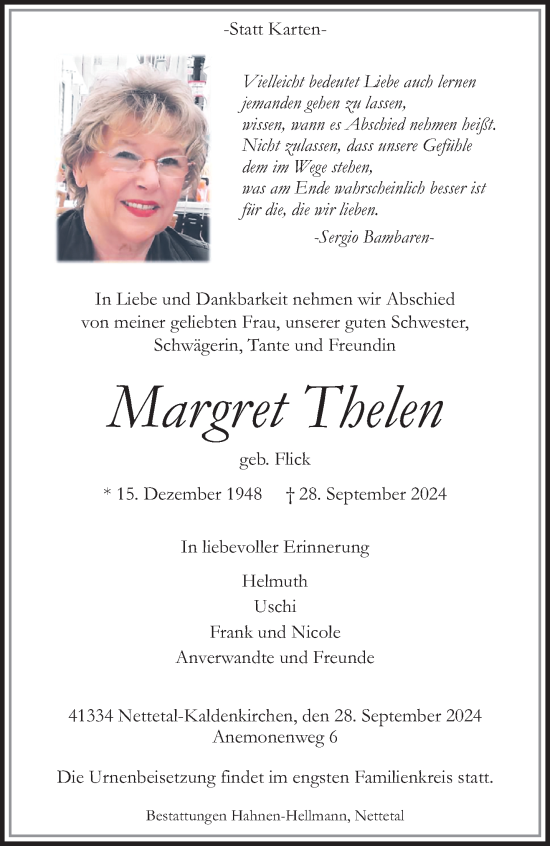 Traueranzeige von Margret Thelen von trauer.extra-tipp-moenchengladbach.de