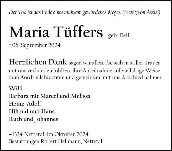 Traueranzeige von Maria Tüffers von trauer.extra-tipp-moenchengladbach.de