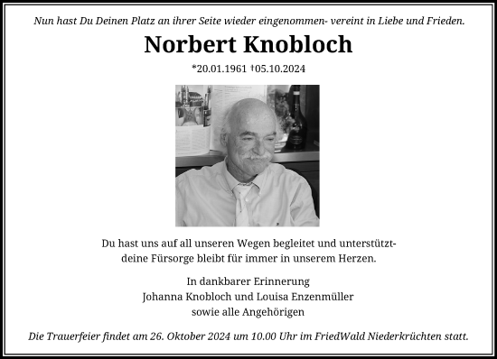 Traueranzeige von Norbert Knobloch von trauer.extra-tipp-moenchengladbach.de