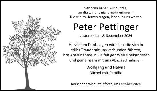 Traueranzeige von Peter Pettinger von trauer.extra-tipp-moenchengladbach.de