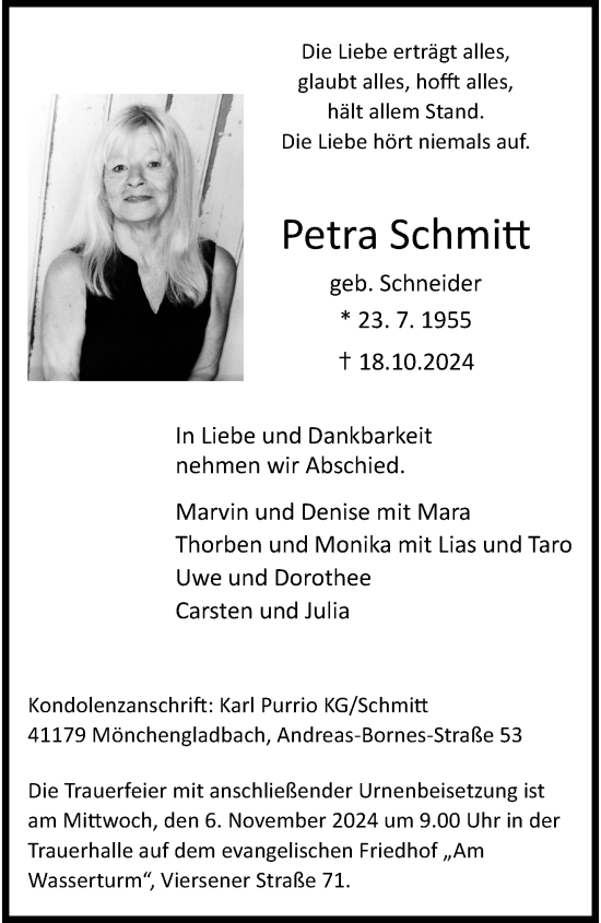 Traueranzeige von Petra Schmitt von trauer.extra-tipp-moenchengladbach.de