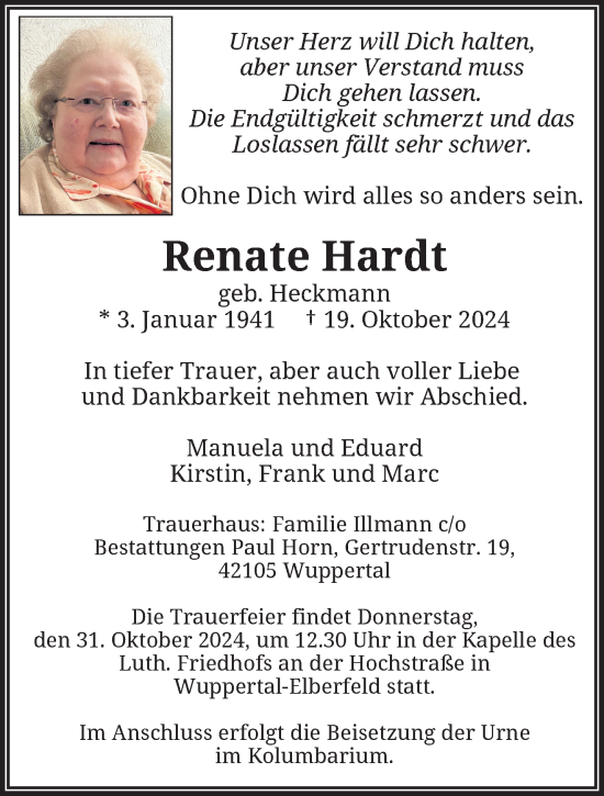 Traueranzeige von Renate Hardt von trauer.wuppertaler-rundschau.de