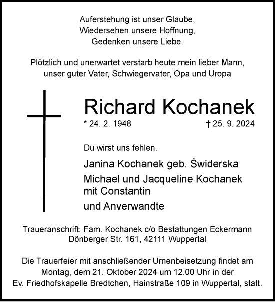 Traueranzeige von Richard Kochanek von trauer.wuppertaler-rundschau.de