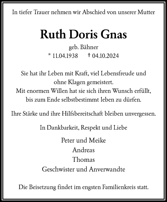 Traueranzeige von Ruth Doris Gnas von trauer.wuppertaler-rundschau.de