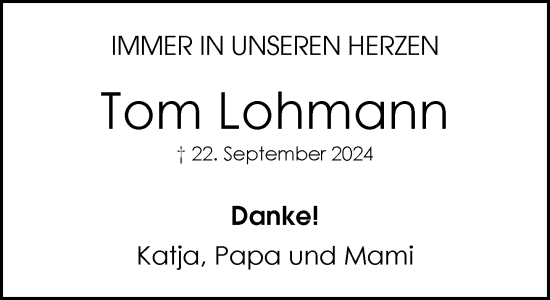 Traueranzeige von Tom Lohmann von trauer.extra-tipp-moenchengladbach.de