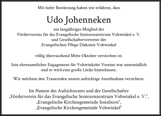 Traueranzeige von Udo Johenneken von trauer.wuppertaler-rundschau.de