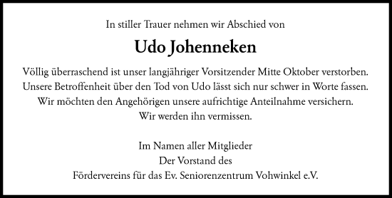 Traueranzeige von Udo Johenneken von trauer.wuppertaler-rundschau.de