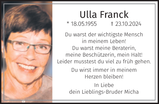 Traueranzeige von Ulla Franck von trauer.extra-tipp-moenchengladbach.de