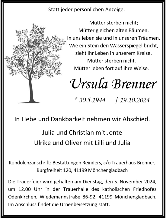 Traueranzeige von Ursula Brenner von trauer.extra-tipp-moenchengladbach.de