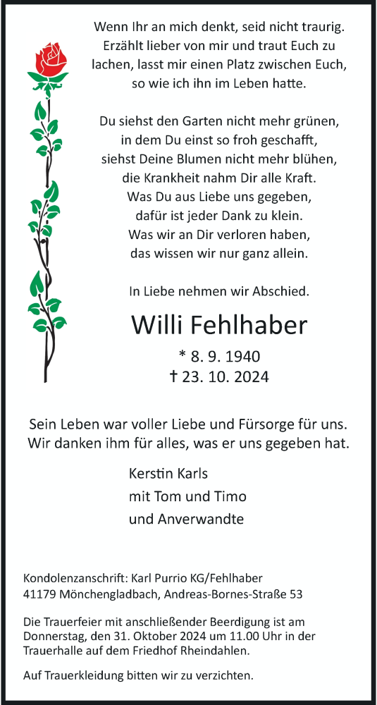 Traueranzeige von Willi Fehlhaber von trauer.extra-tipp-moenchengladbach.de