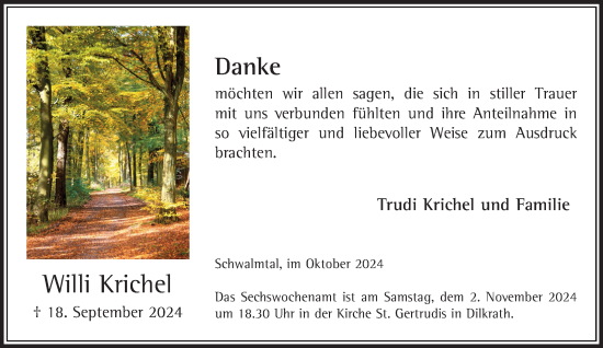 Traueranzeige von Willi Krichel von trauer.extra-tipp-moenchengladbach.de