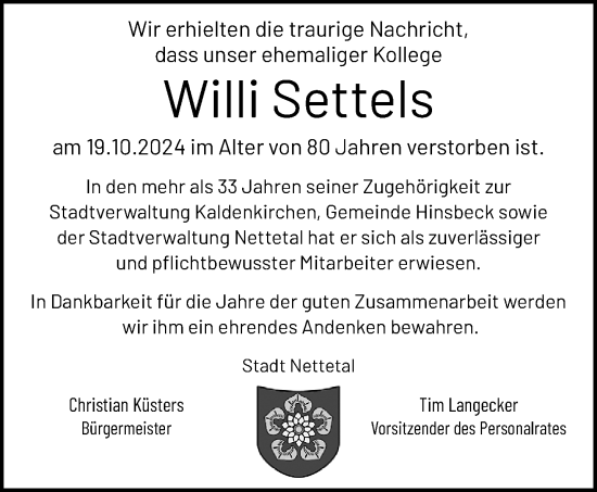 Traueranzeige von Willi Settels von trauer.extra-tipp-moenchengladbach.de