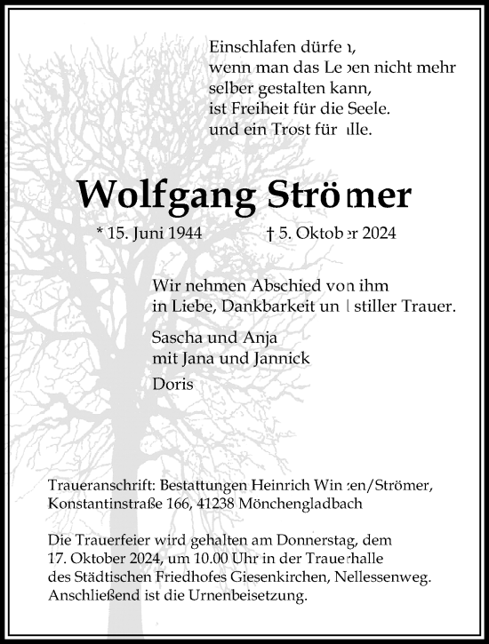 Traueranzeige von Wolfgang Strömer von trauer.extra-tipp-moenchengladbach.de