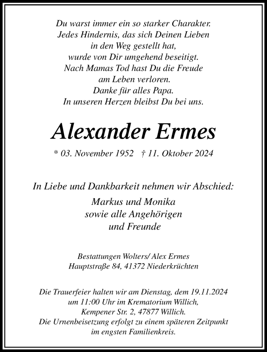 Traueranzeige von Alexander Ermes von trauer.extra-tipp-moenchengladbach.de