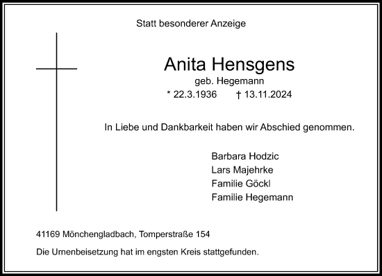 Traueranzeige von Anita Hensgens von trauer.extra-tipp-moenchengladbach.de