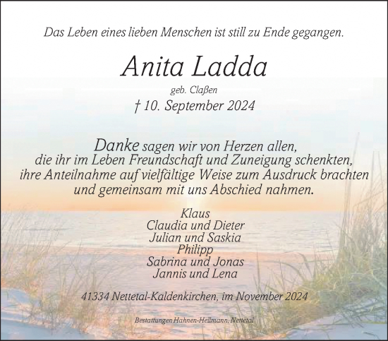 Traueranzeige von Anita Ladda von trauer.extra-tipp-moenchengladbach.de