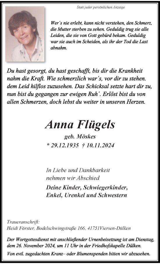 Traueranzeige von Anna Flügels von trauer.extra-tipp-moenchengladbach.de