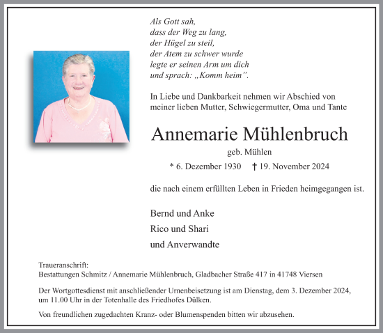 Traueranzeige von Annemarie Mühlenbruch von trauer.extra-tipp-moenchengladbach.de