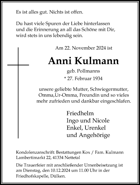 Traueranzeige von Anni Kulmann von trauer.extra-tipp-moenchengladbach.de