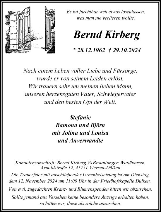 Traueranzeige von Bernd Kirberg von trauer.extra-tipp-moenchengladbach.de