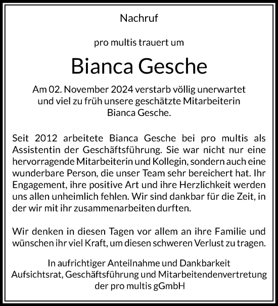 Traueranzeige von Bianca Gesche von trauer.extra-tipp-moenchengladbach.de