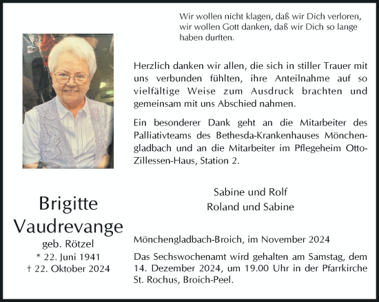 Traueranzeige von Brigitte Vaudrevange von trauer.extra-tipp-moenchengladbach.de