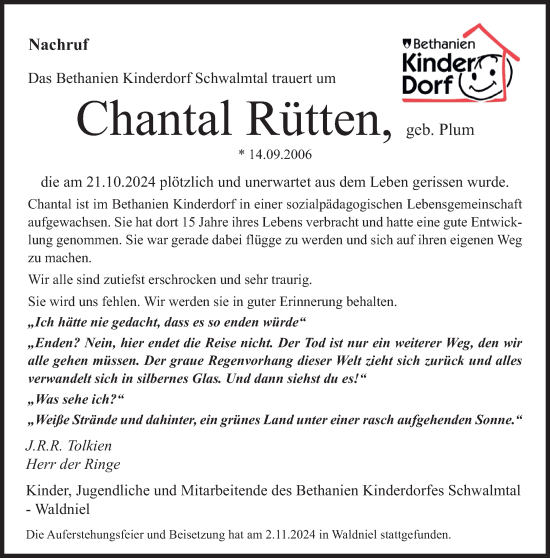 Traueranzeige von Chantal Rütten von trauer.extra-tipp-moenchengladbach.de